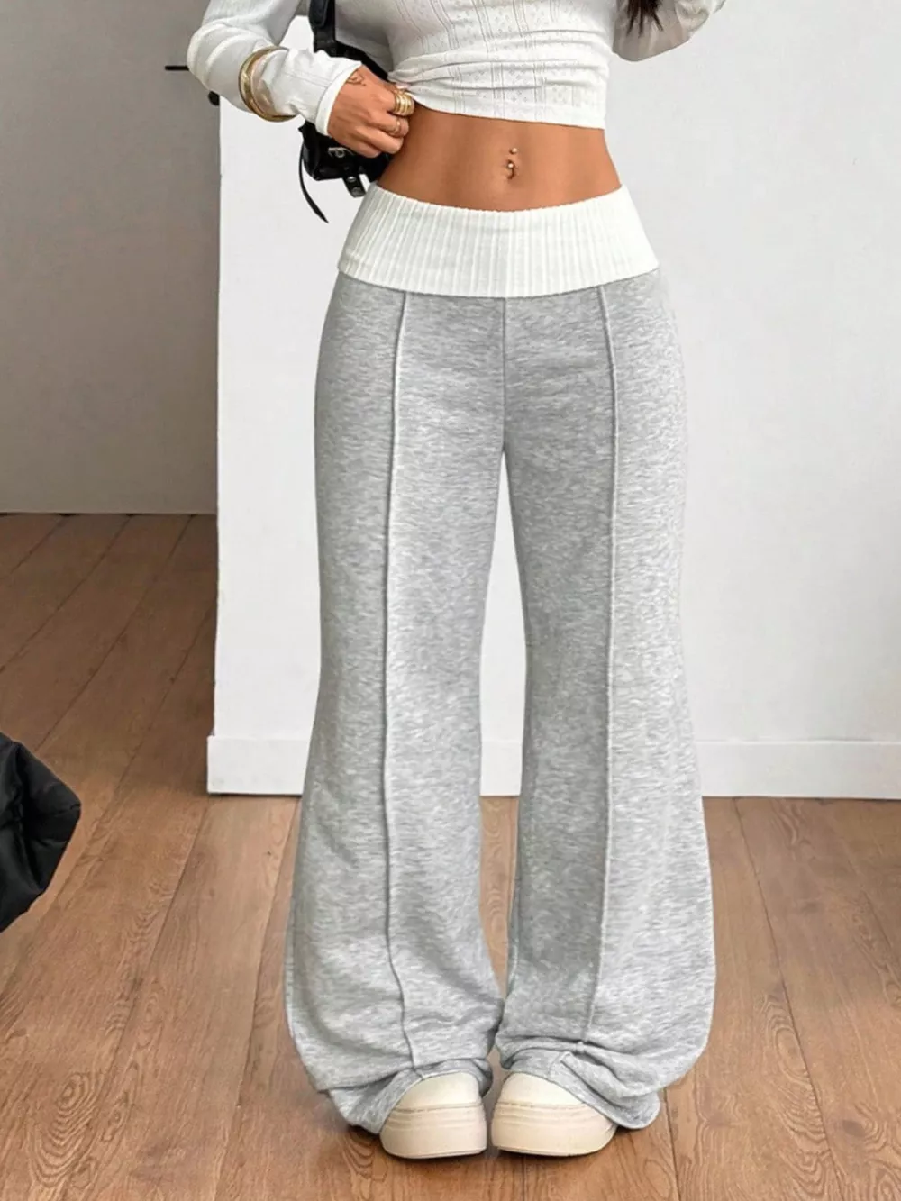 Ribbed Waistband Wide-Leg Pants, image 3