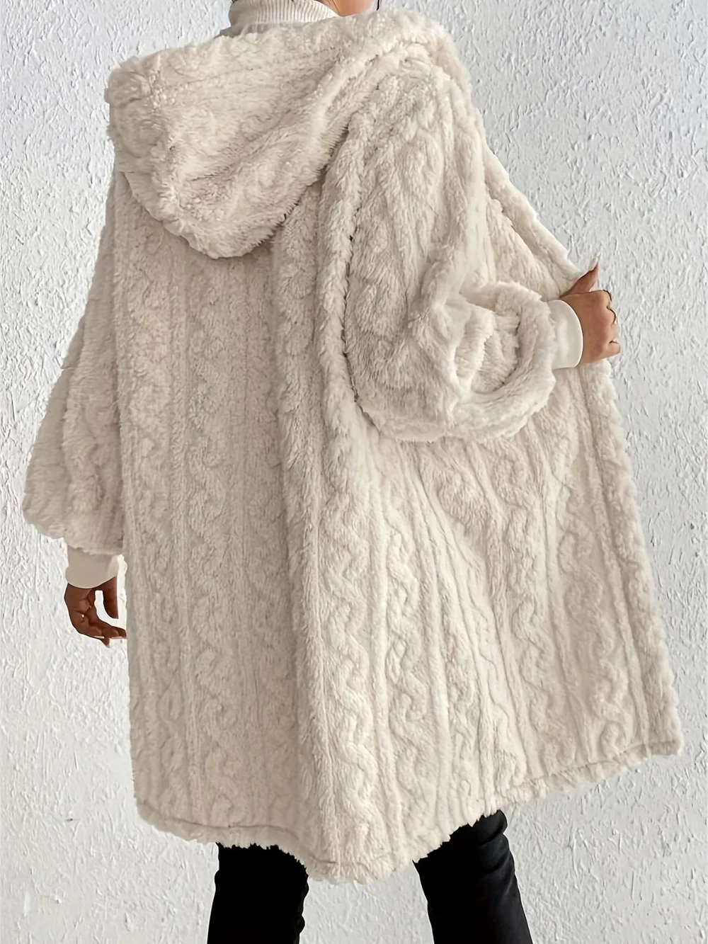 Open Front Long Sleeve Fuzzy Hooded Jacket, image 2