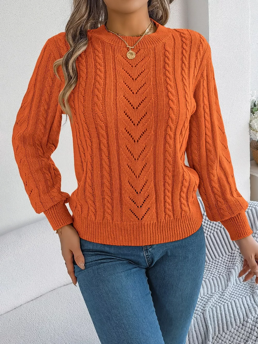 Cable-Knit Round Neck Sweater, image 5