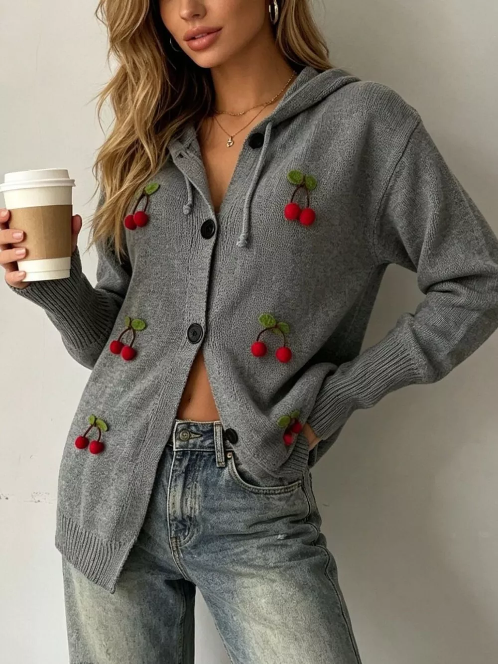 Full Size 3D Cherry Applique Hooded Cardigan Plus Size, image 5