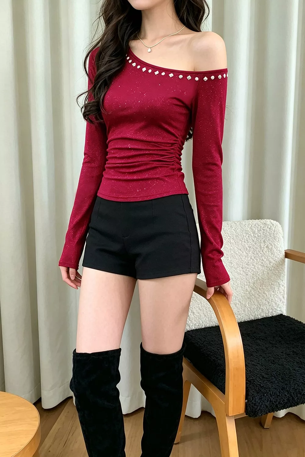 Glitter One Shoulder Slim Fit Top, image 3