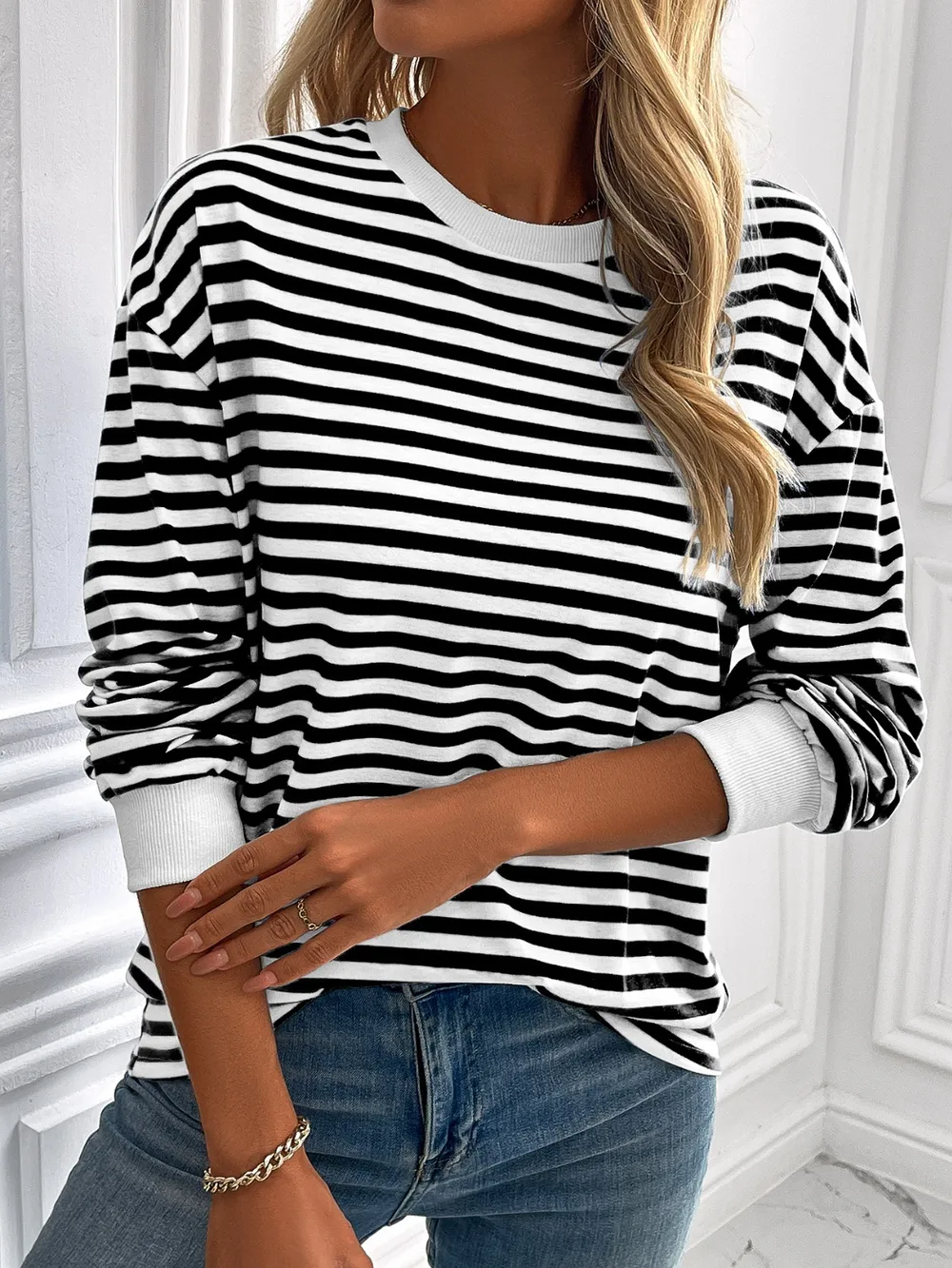 Striped Round Neck Long Sleeve Sweatshirt, image 23
