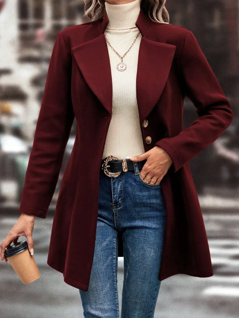 Collared Neck Button Up Long Sleeve Coat, image 4