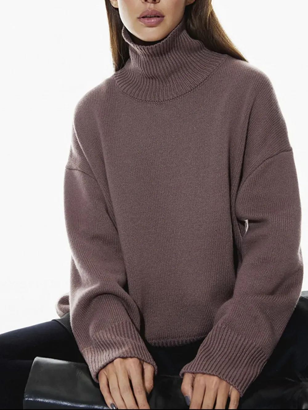 Ribbed Detail Turtleneck Dropped Shoulder Sweater, image 16