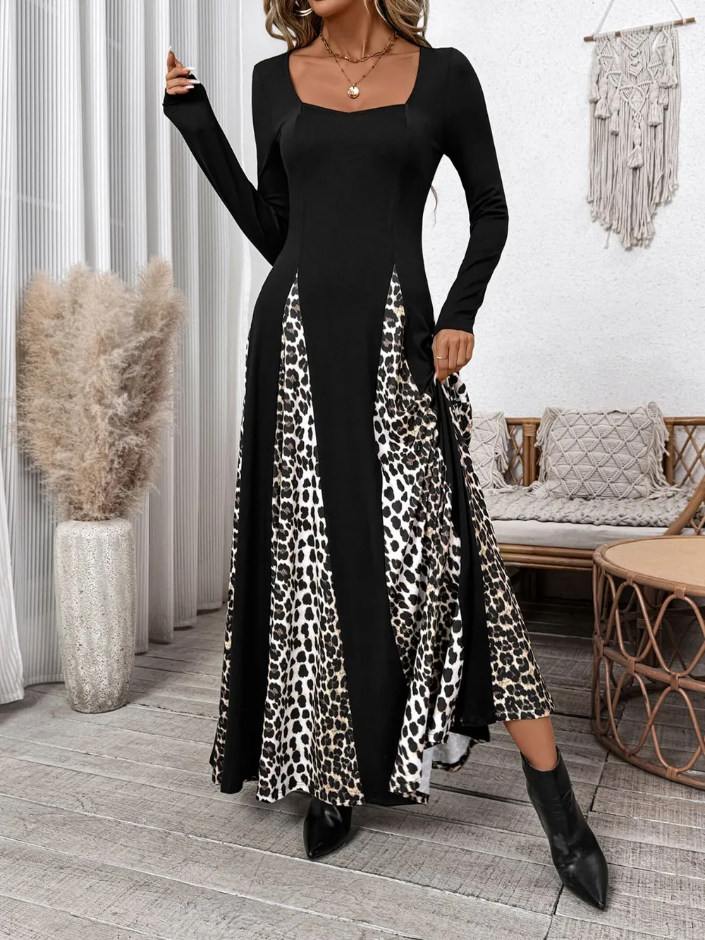 Leopard Square Neck Long Sleeve Maxi Dress, image 5