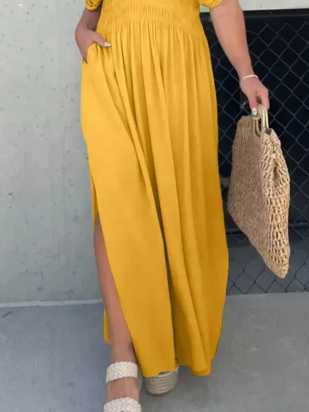 Full Size Slit V-Neck Smocked Waist Maxi Dress Plus Size, image 26
