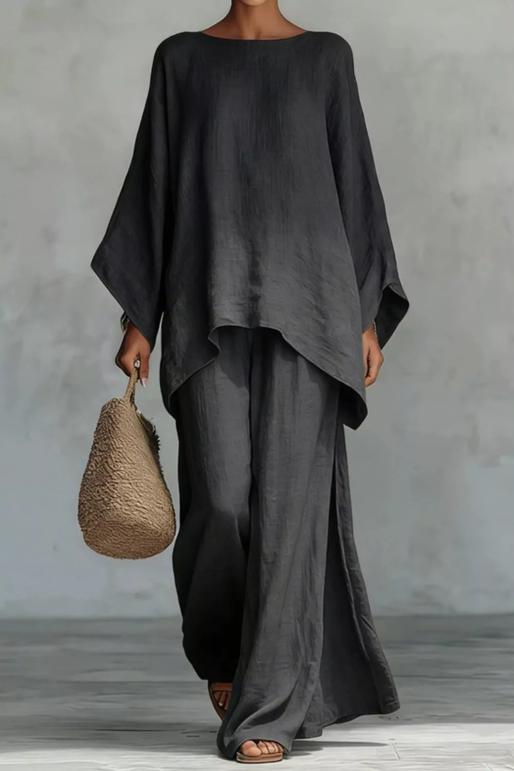 Solid Color Long Sleeve Top and Wide Leg Pants Set, image 5