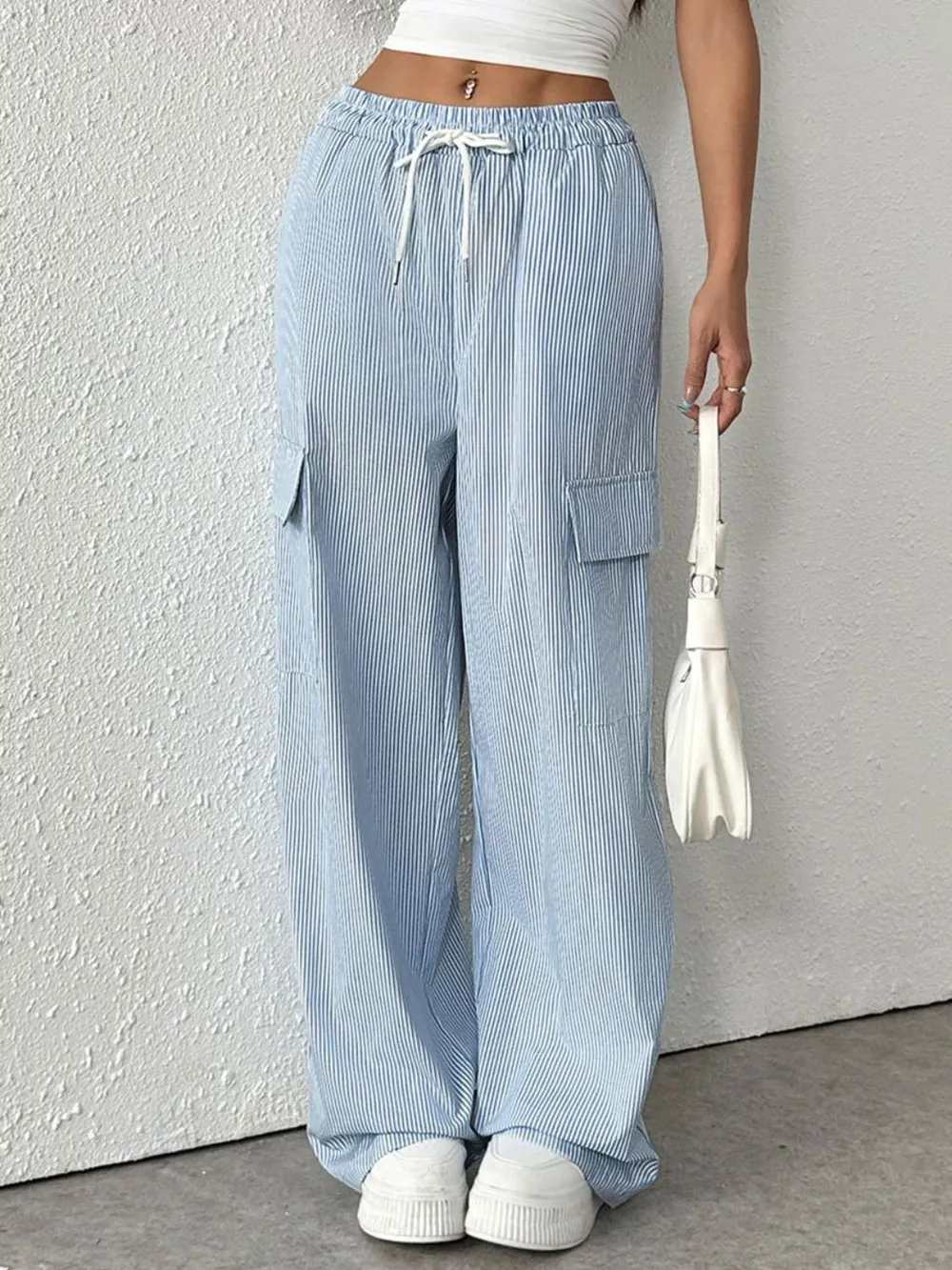 Drawstring Striped Wide Leg Cargo Pants, image 8