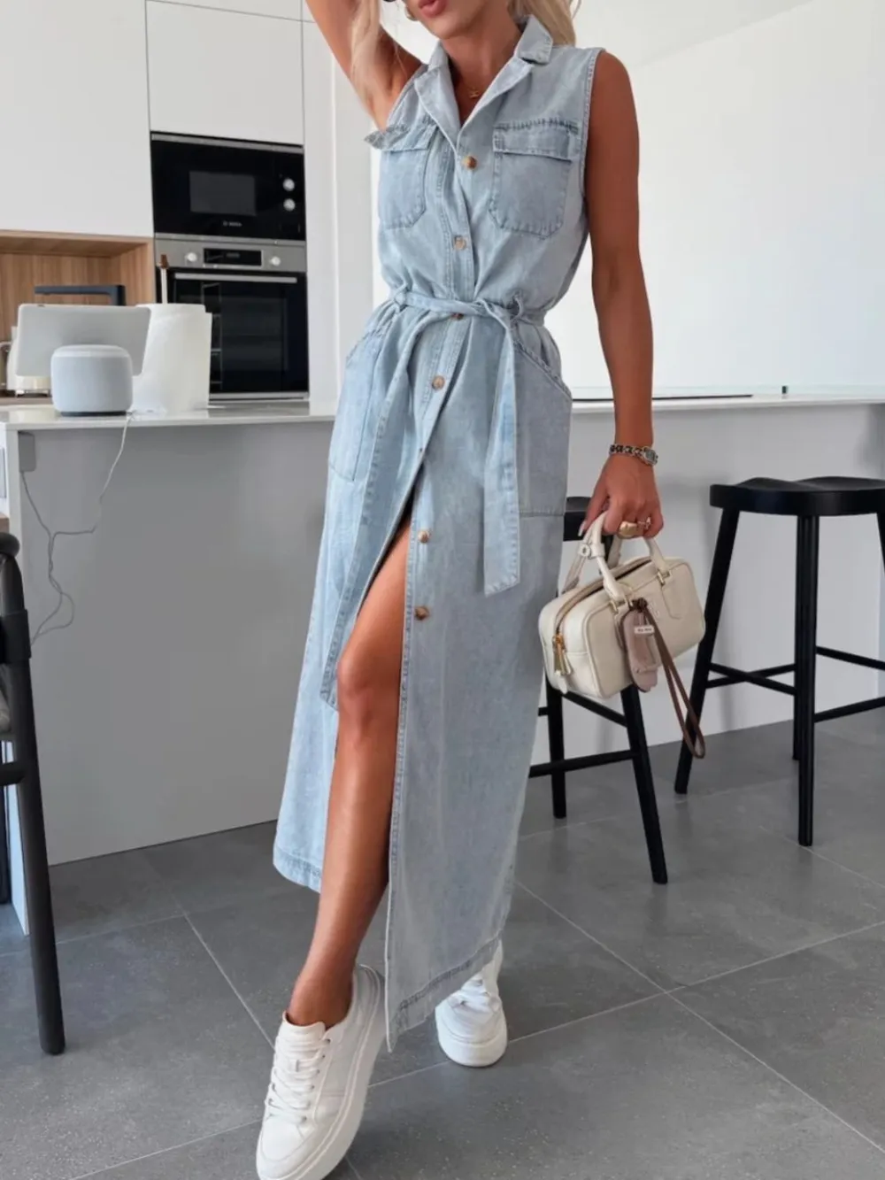 Button Front Sleeveless Denim Dress, image 12