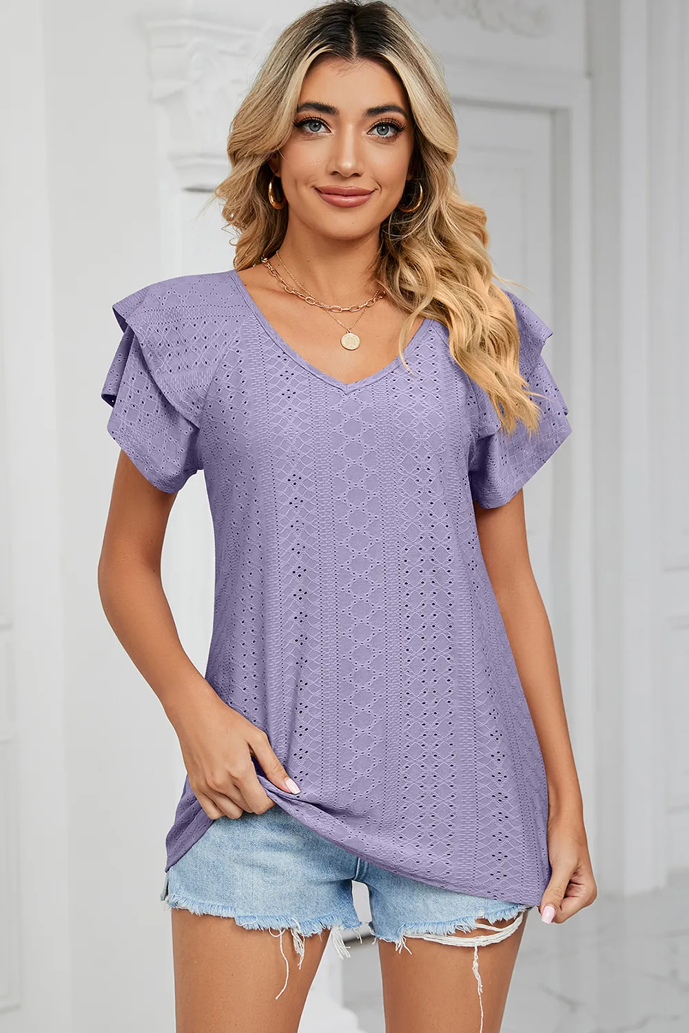 Eyelet V-Neck Short Sleeve T-Shirt, image 2