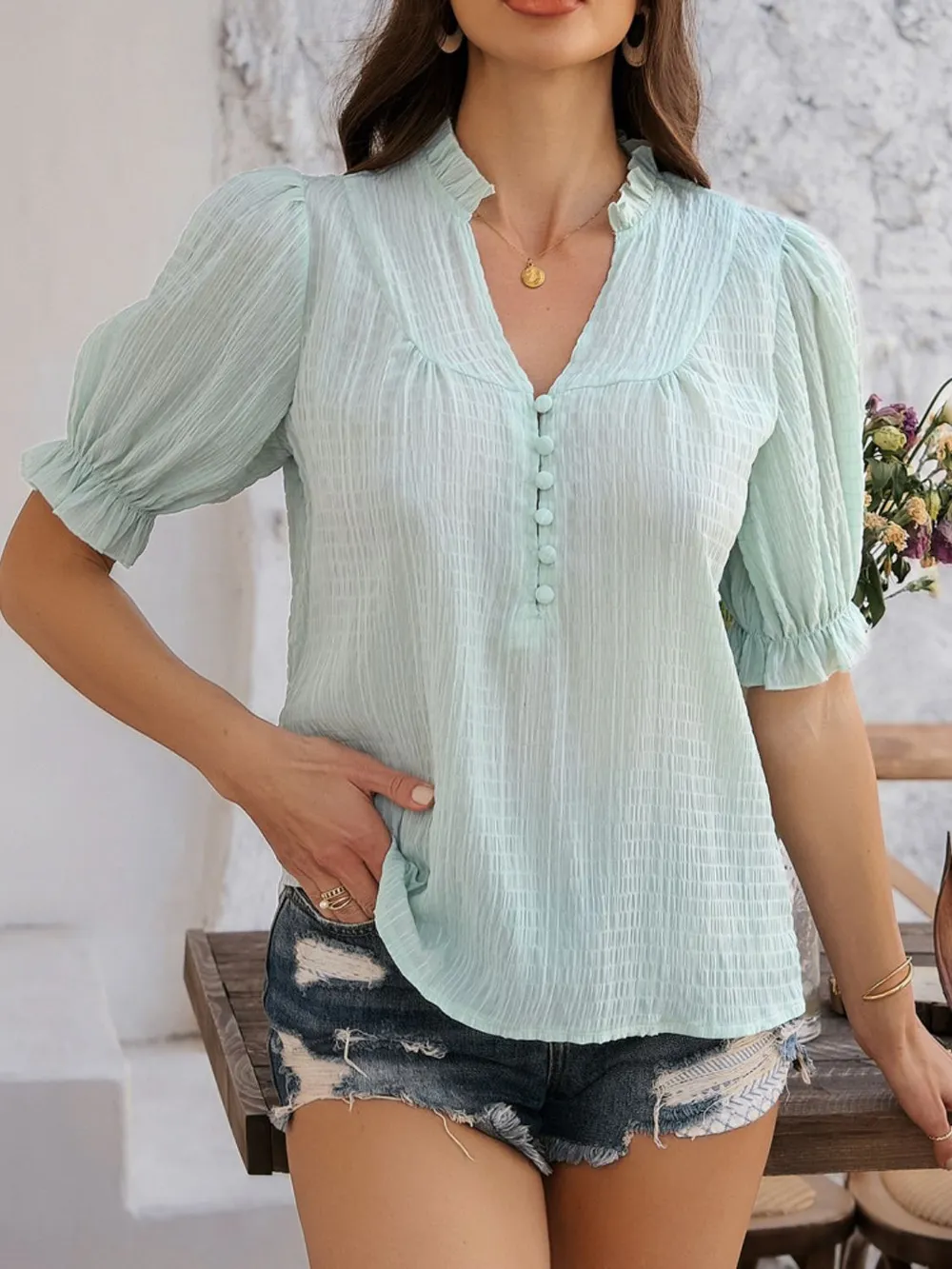 Frill Notched Short Sleeve Blouse, image 13