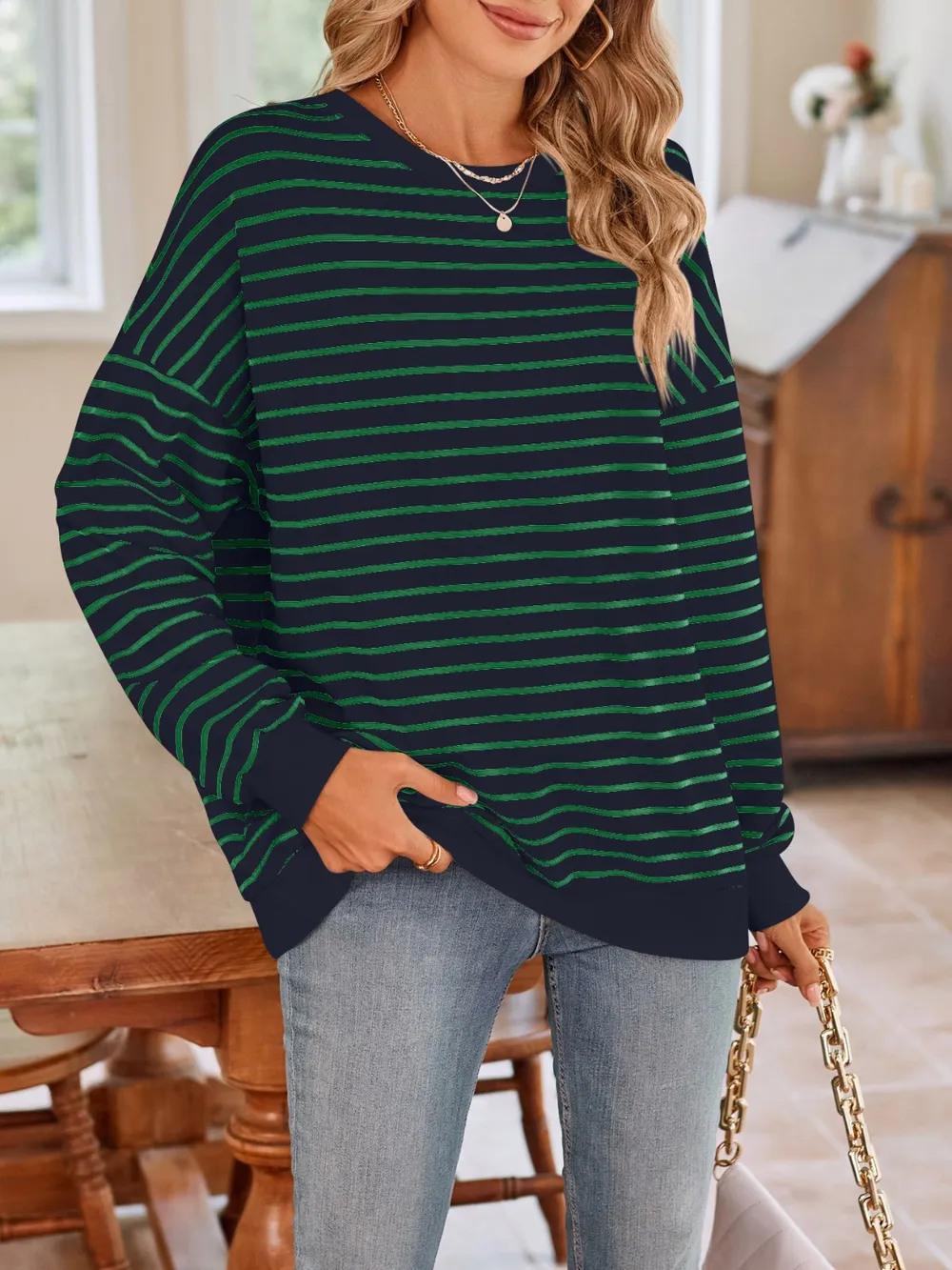 Striped Round Neck Long Sleeve Sweatshirt, image 33