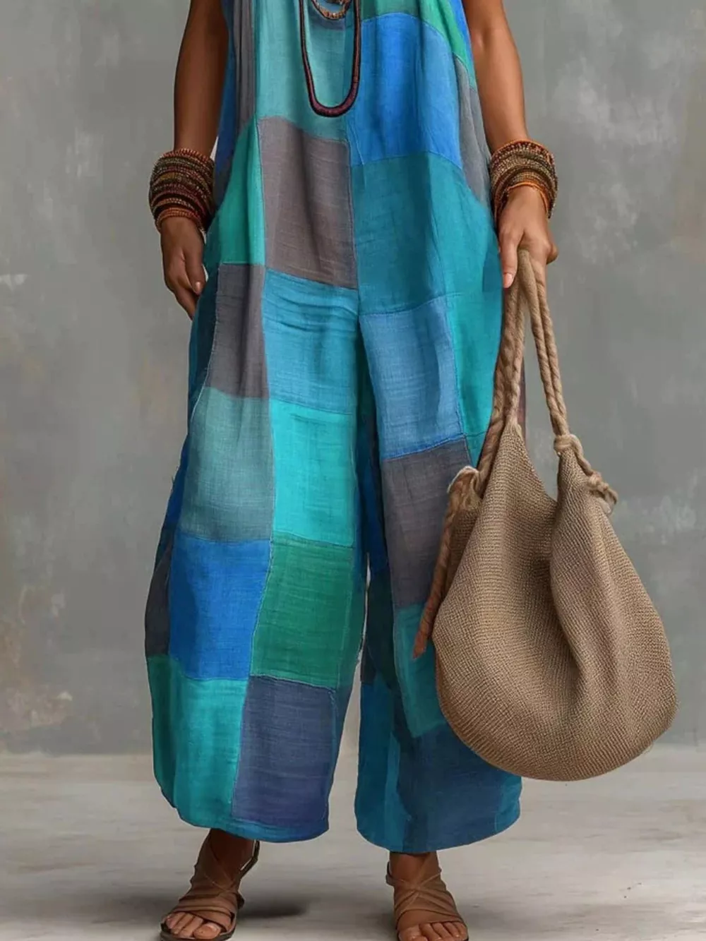 Full Size Plaid Halter Neck Wide-Leg Jumpsuit Plus Size, image 9