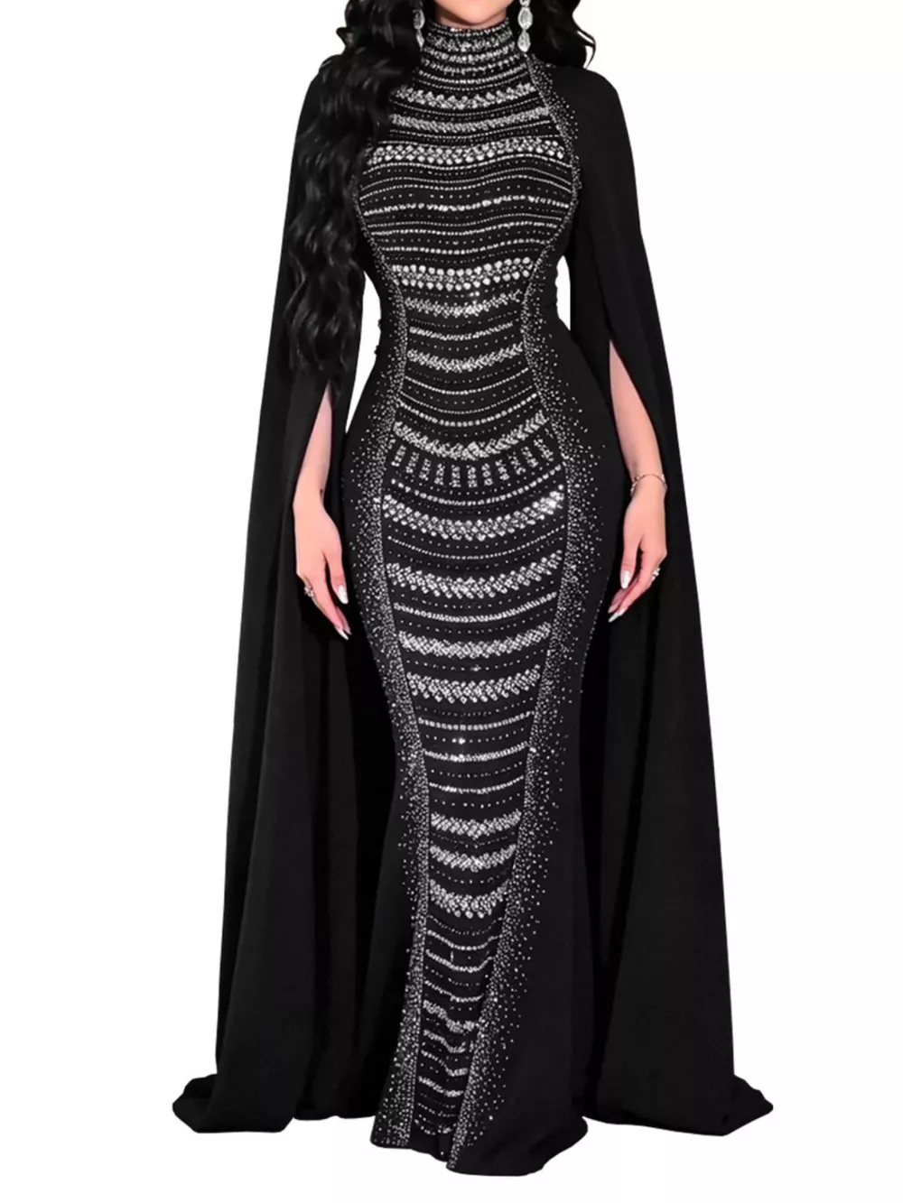 Rhinestone Slit Flare Sleeve Cape Maxi Dress, image 3