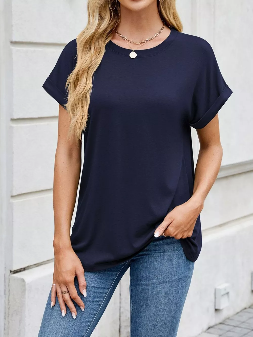 Casual Rolled Sleeve Solid Color T-Shirt, image 27