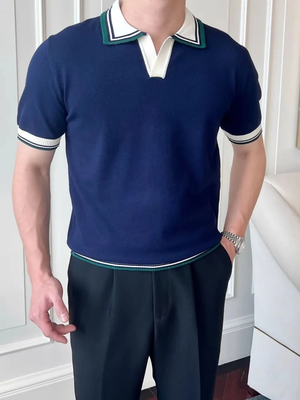 Men's Plus Size Classic Striped Collar Knit Polo Shirt, image 4