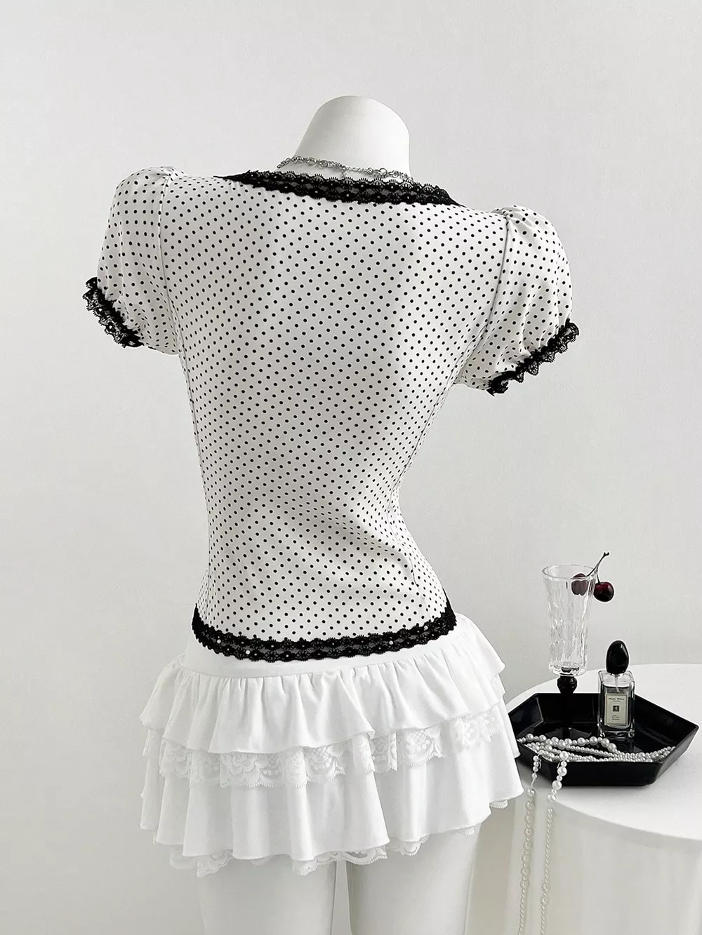Polka Dot Lace Trim Puff Sleeve Top, image 5