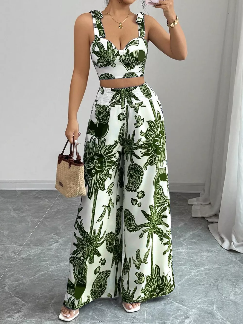 Floral Print Crop Top and Wide Leg Pants Set, image 8