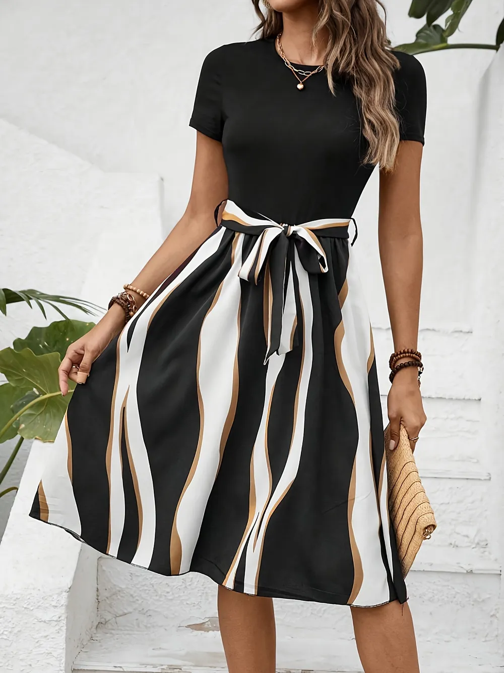 Striped Short Sleeve Tie Waist Dress, image 14