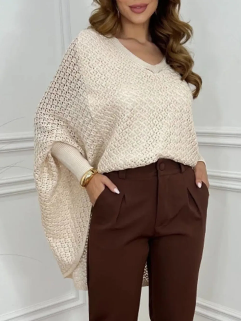 Crochet V-Neck Batwing Sleeves Oversized Sweater, image 3