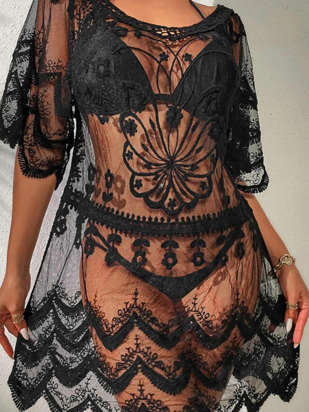 Lace Round Neck Half Sleeve Cover-Up, image 6