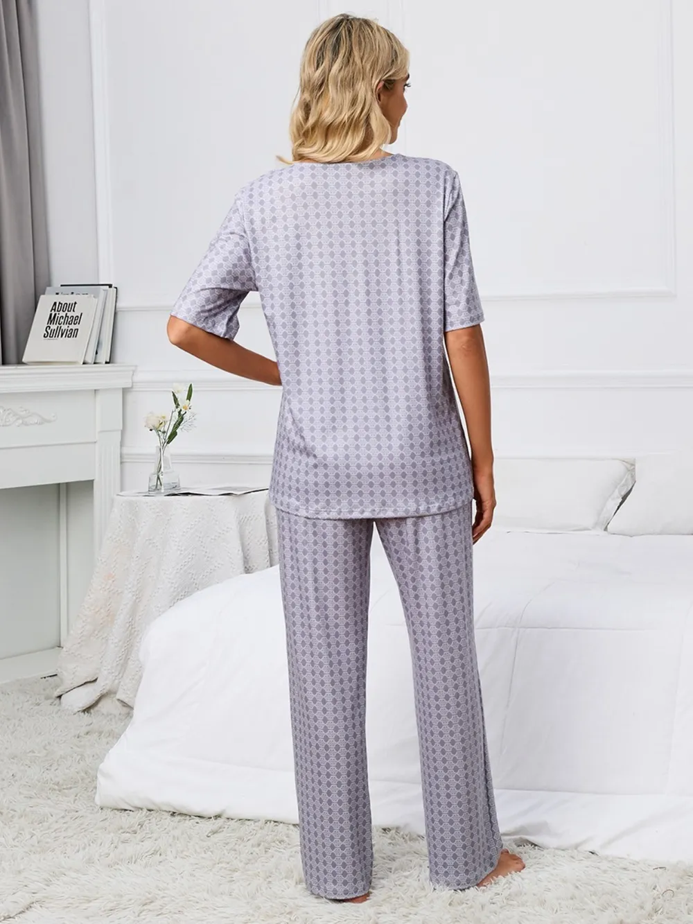 Printed V-Neck Top and Pants Lounge Set, image 2