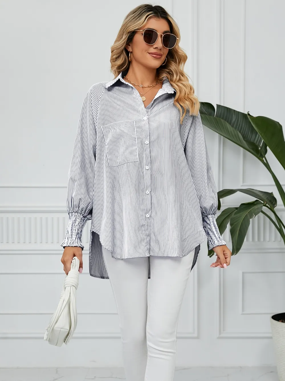 Striped Collared Neck Long Sleeve Shirt, image 6