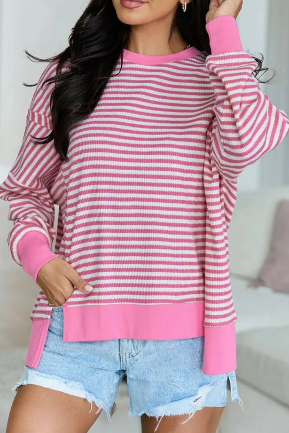 Stripe Textured Knit Color Block Trim Split Hem Long Sleeve Top, image 4
