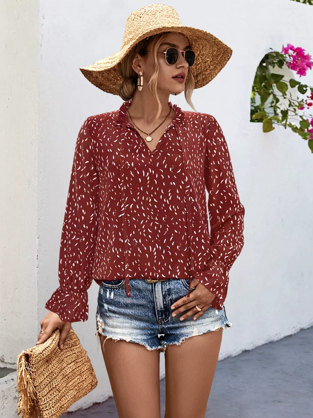 Ruffled Printed Tie Neck Long Sleeve Blouse, image 15