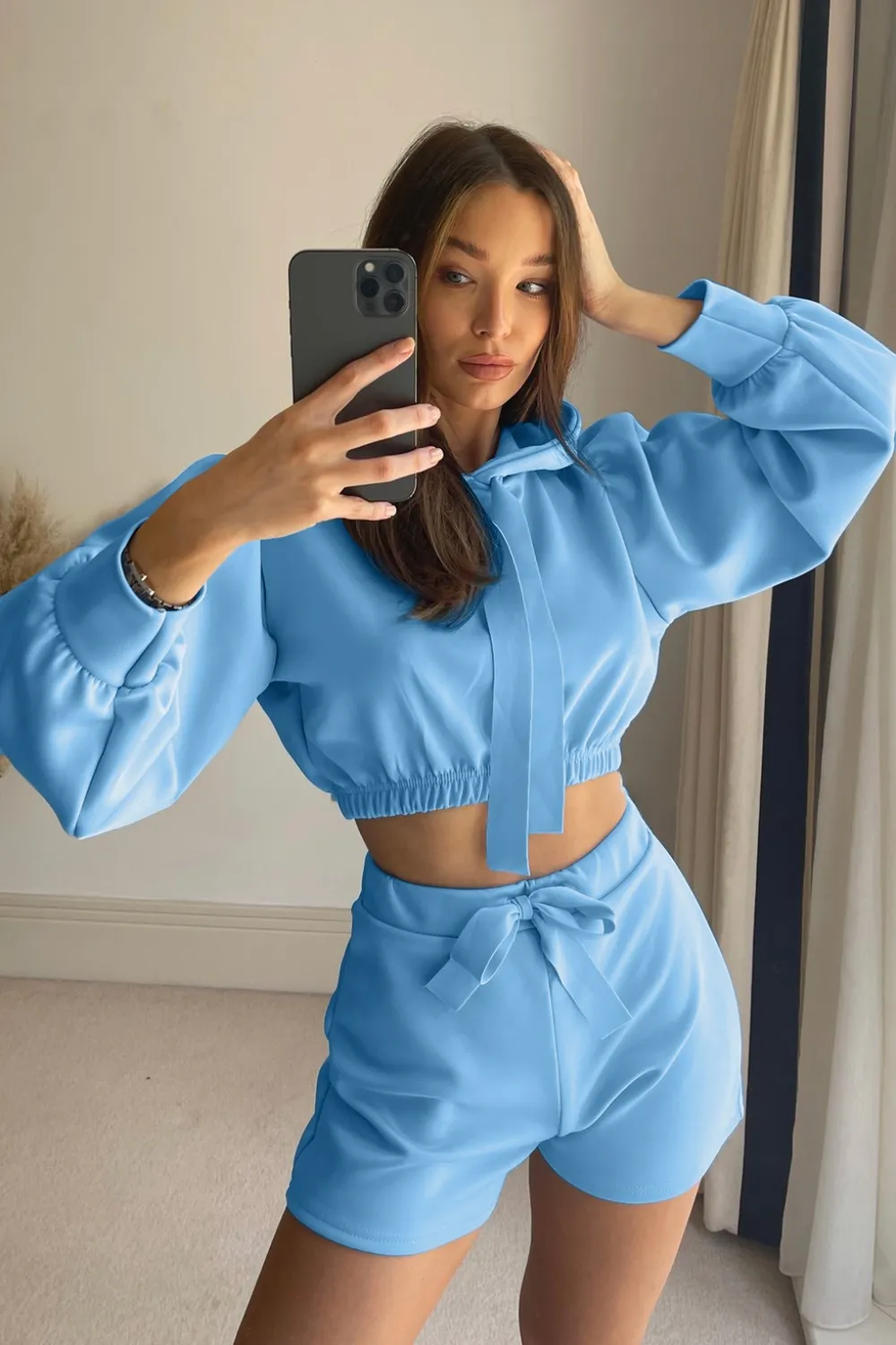 Drawstring Long Sleeve Hooded Top and Shorts Set, image 17
