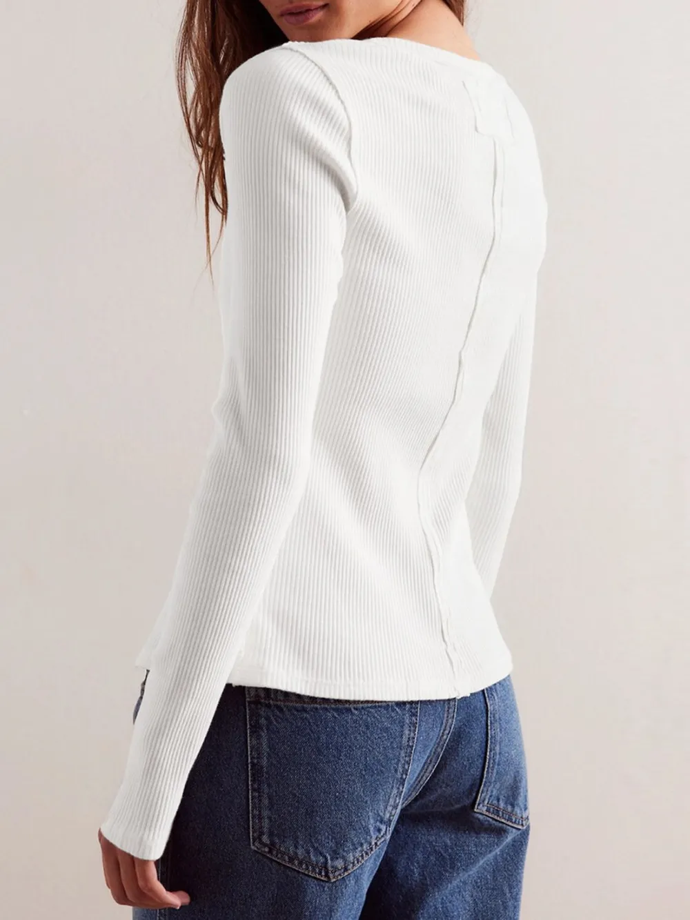 Ribbed Round Neck Long Sleeve Top, image 3