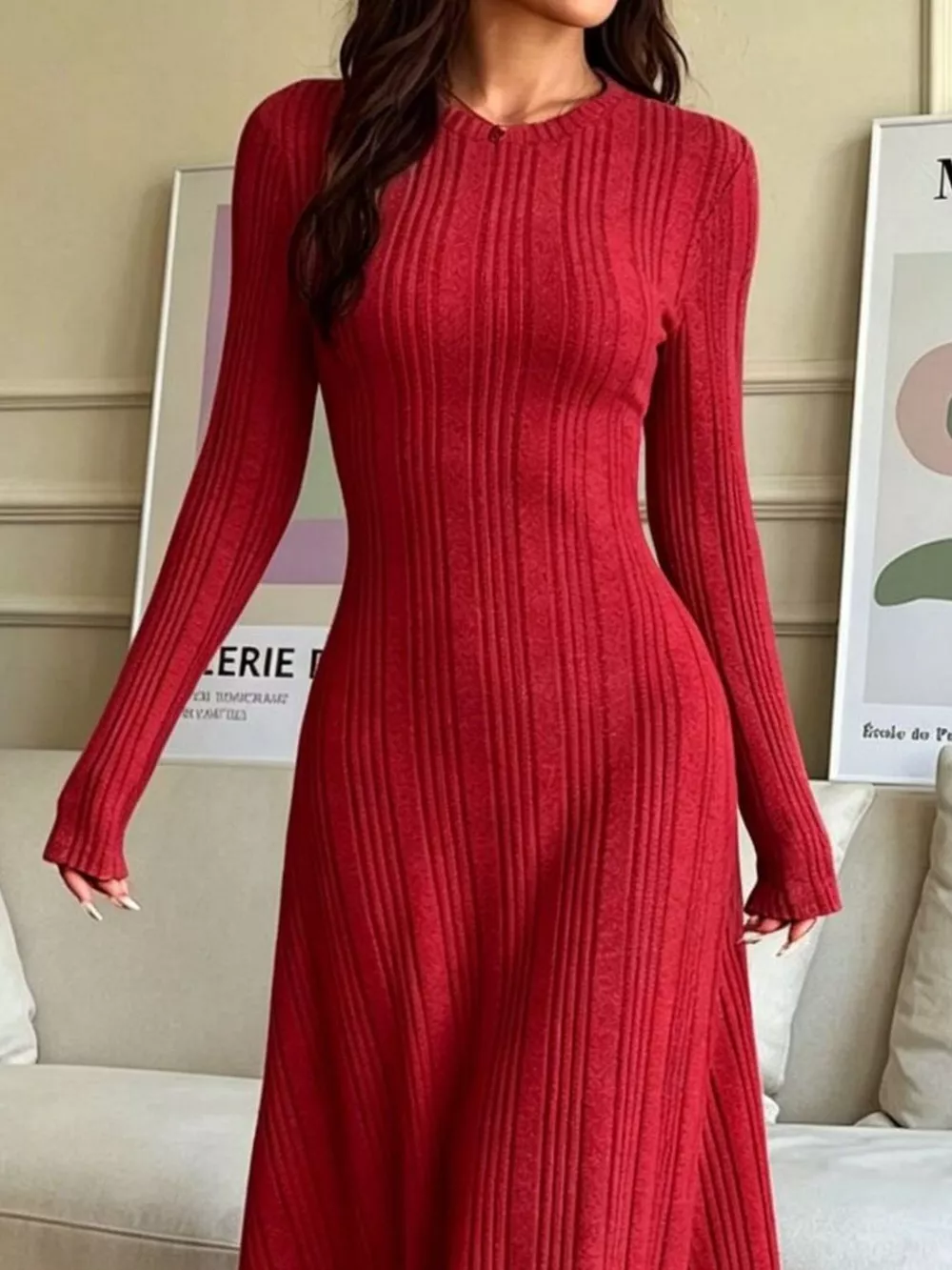 Long Sleeve Ribbed Knit Dress, image 12