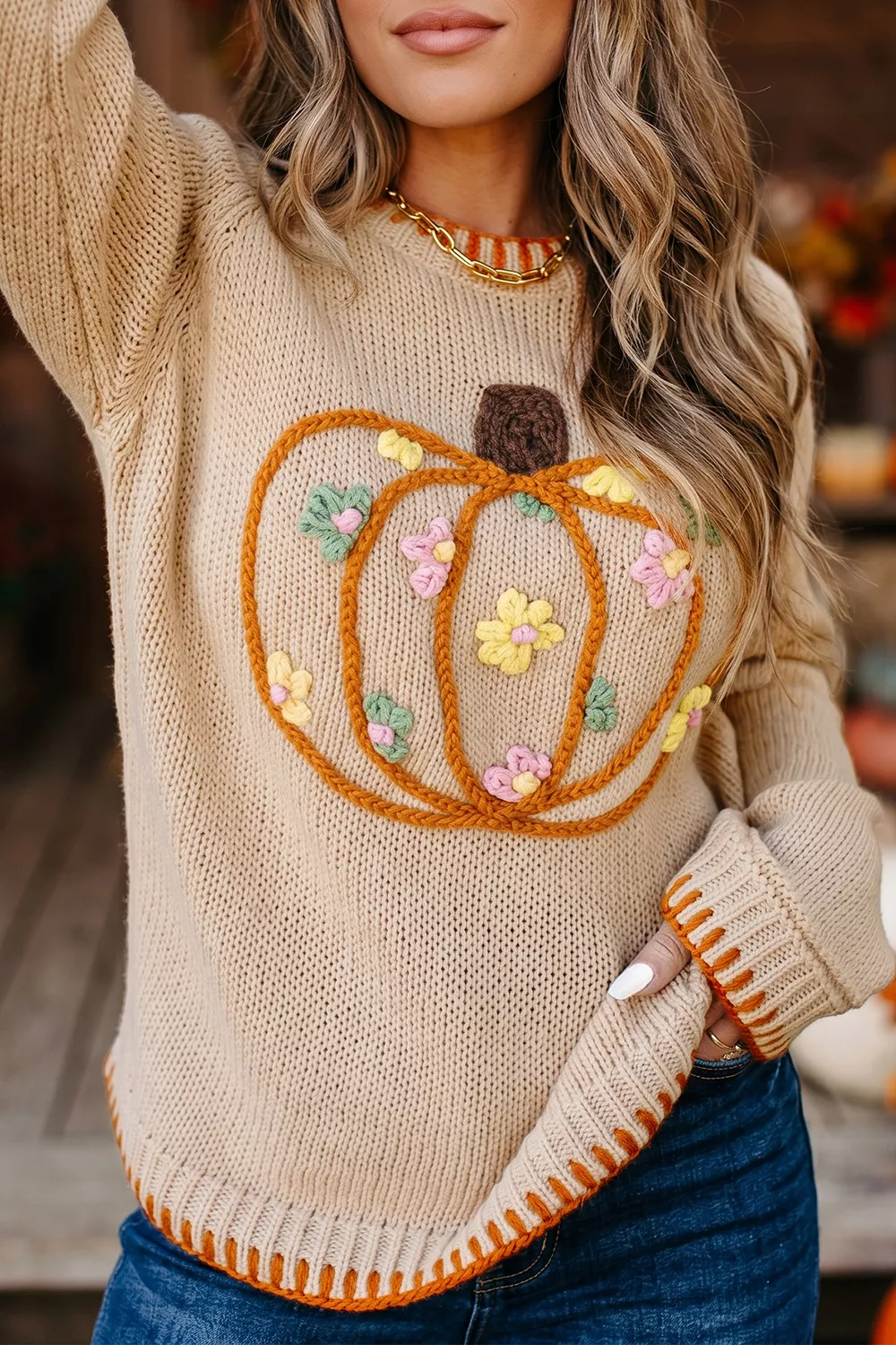 Floral Embroidery Pumpkin Long Sleeve Round Neck Sweater, image 4