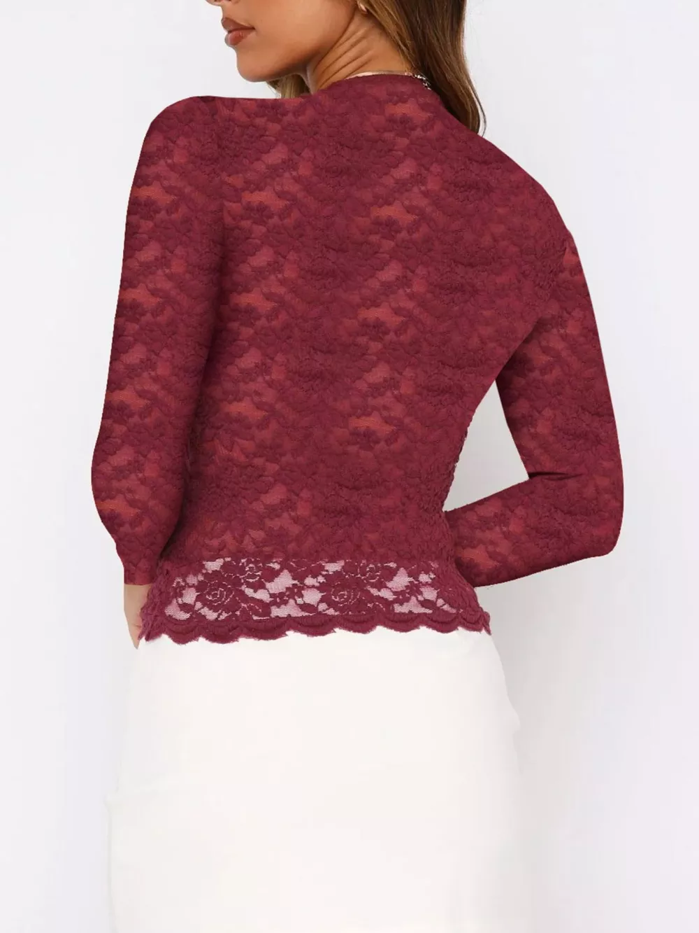Sheer Lace Long Sleeve V-Neck Top, image 6