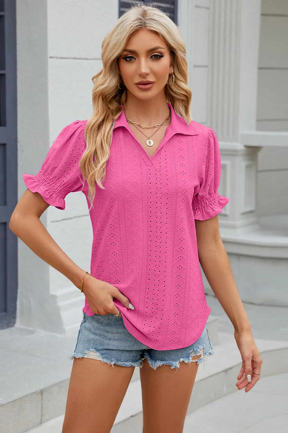 Eyelet Johnny Collar Short Sleeve Blouse, image 27