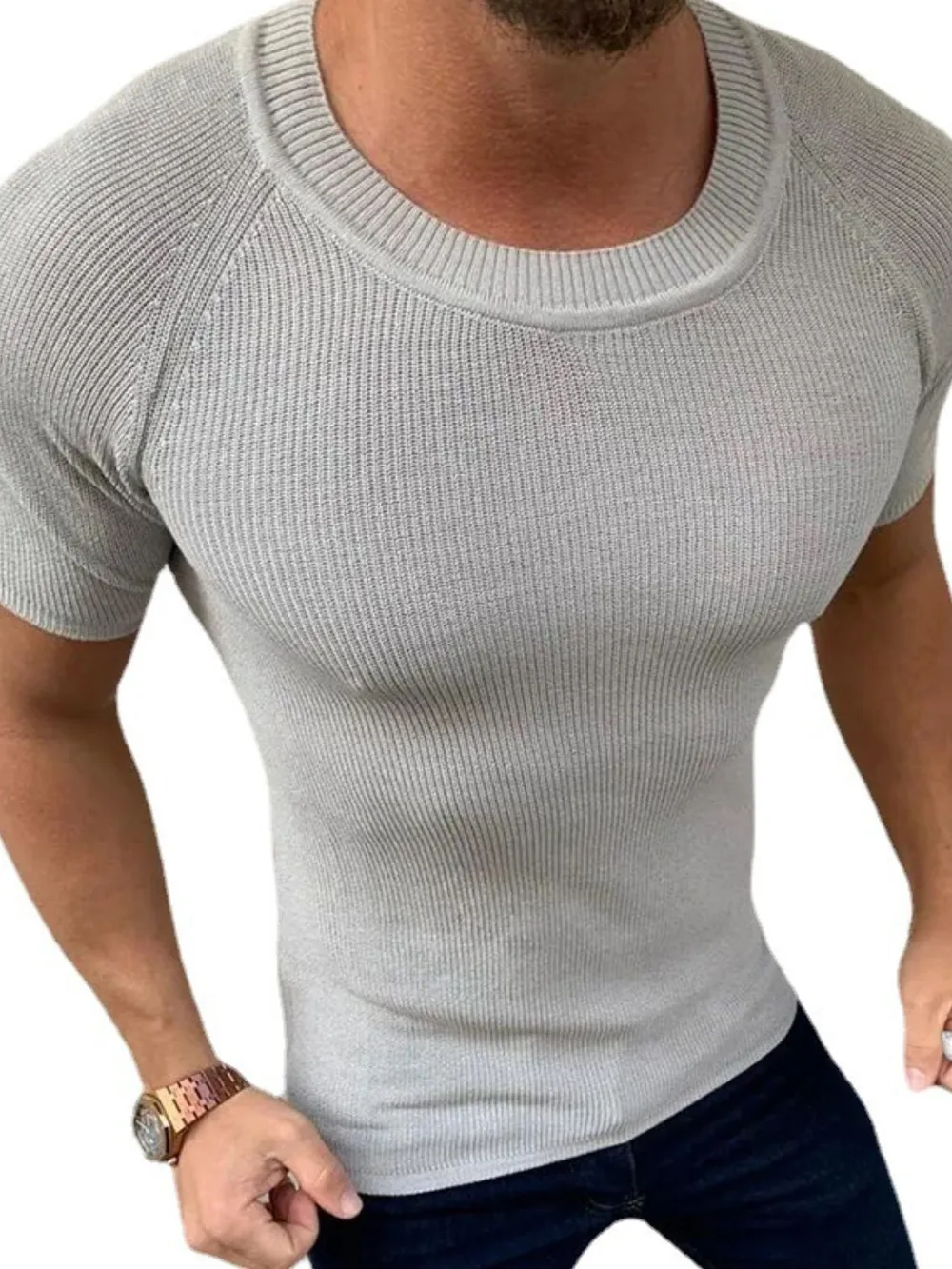 Men's Round Neck Short Sleeve Ribbed Knit T-Shirt, image 3