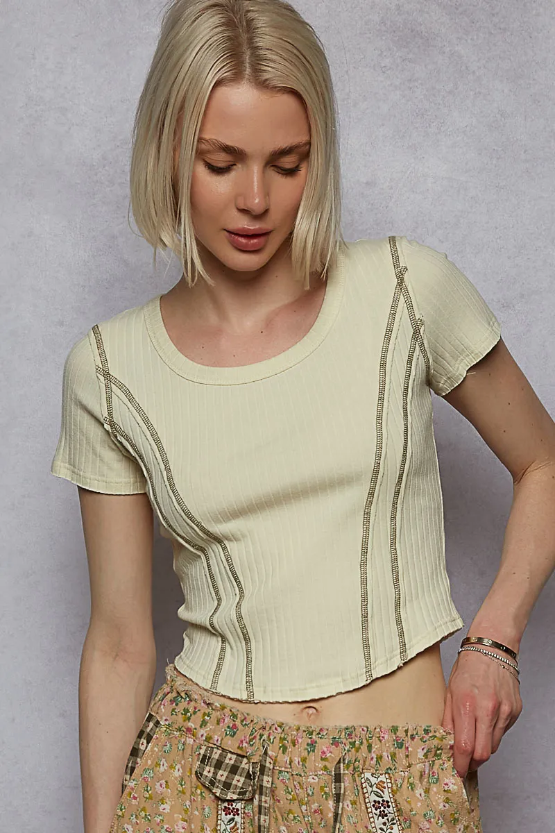 Contrast Stitching Round Neck Crop T-Shirt