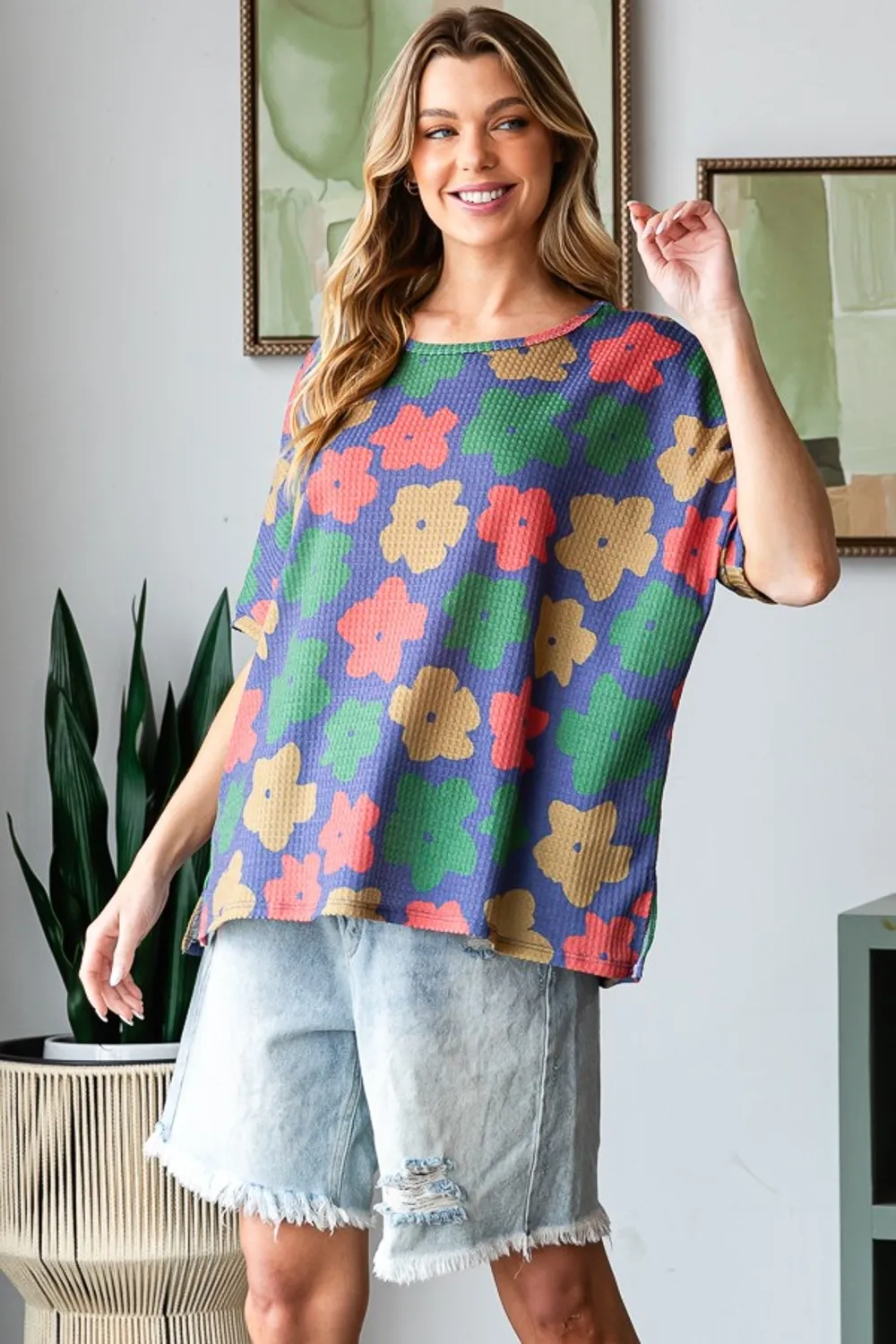 Full Size Floral Round Neck Side Slit T-Shirt, image 3