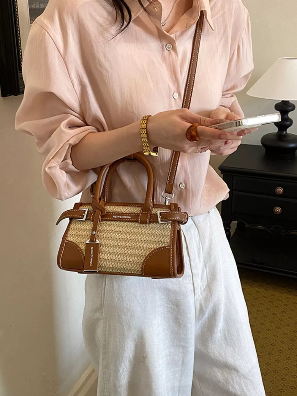 Leather Trim Woven Crossbody Bag, image 3