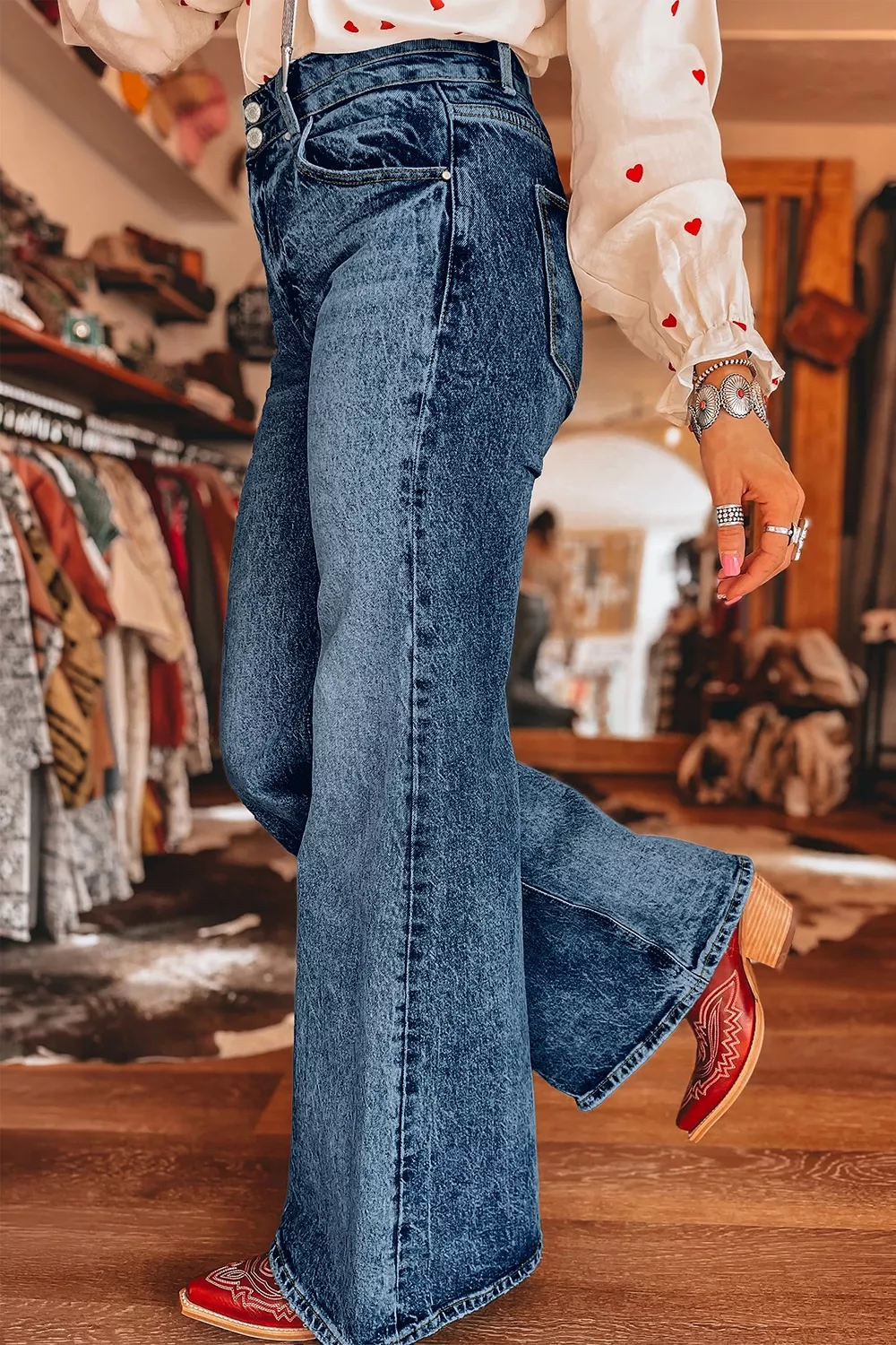 Acid Wash Pocket Detail Flare Jeans, image 5