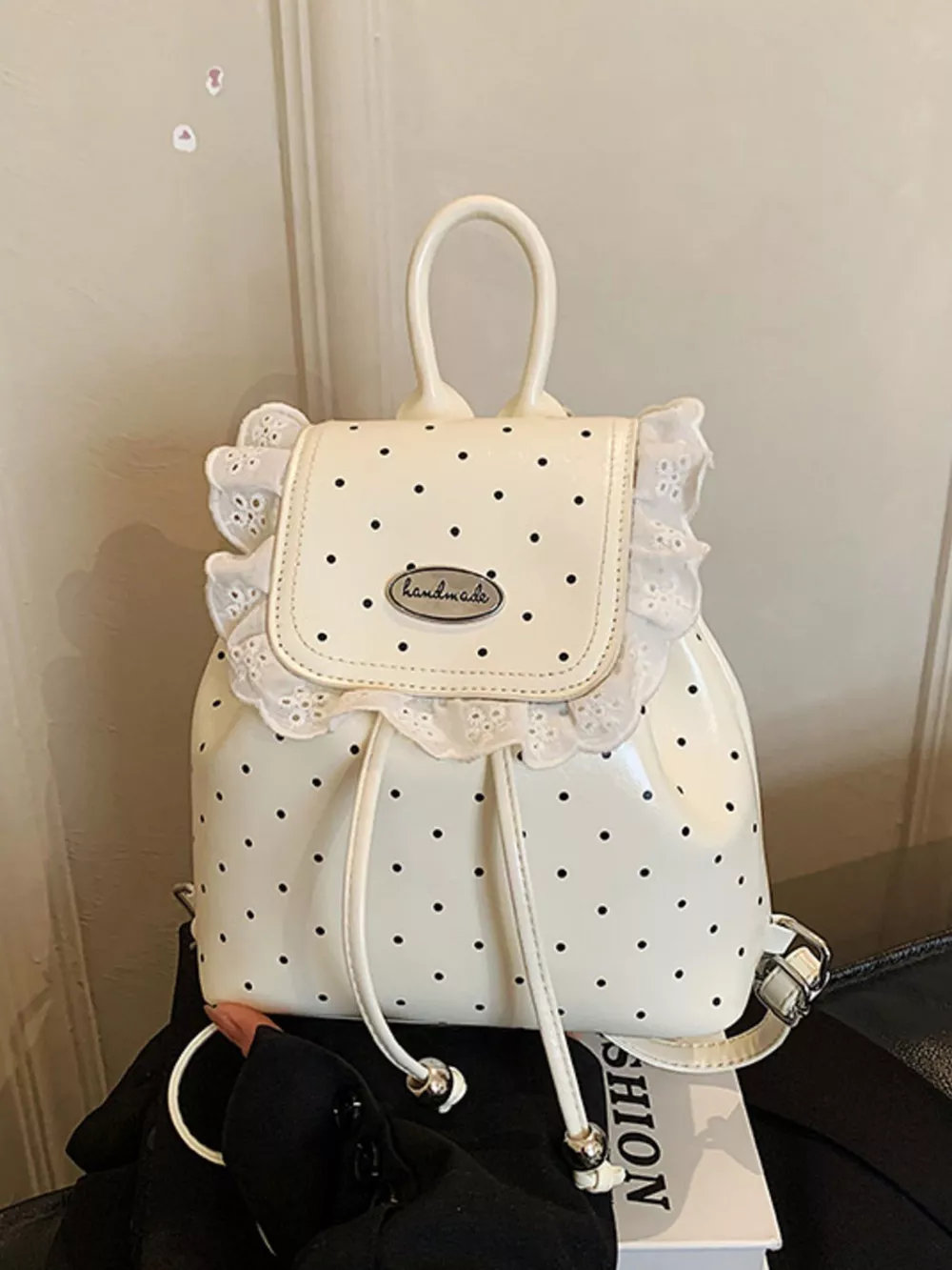 Polka Dot Lace Trim Backpack Bag, image 4