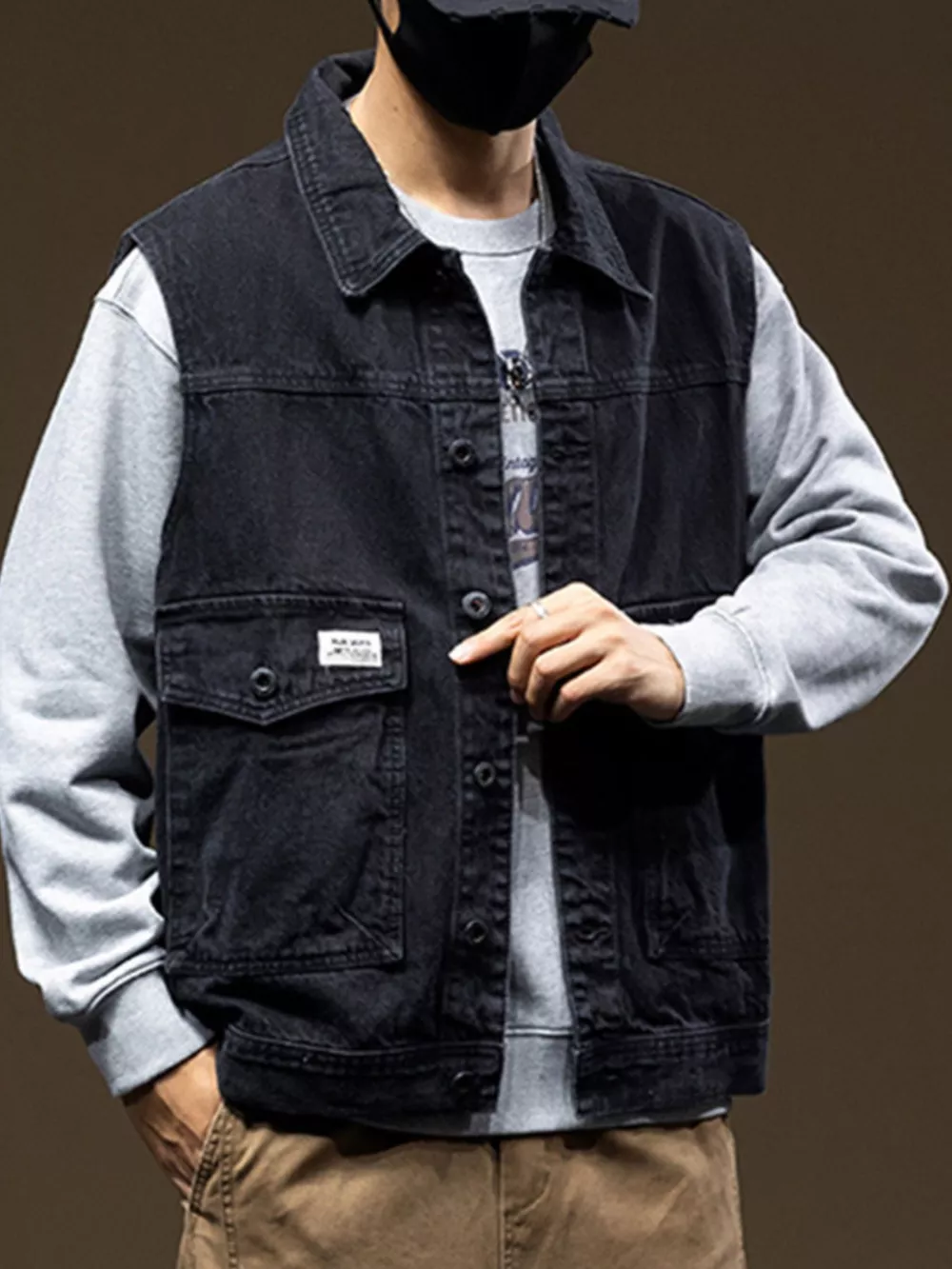Men's Plus Size Button Up Denim Vest with Pockets, image 2