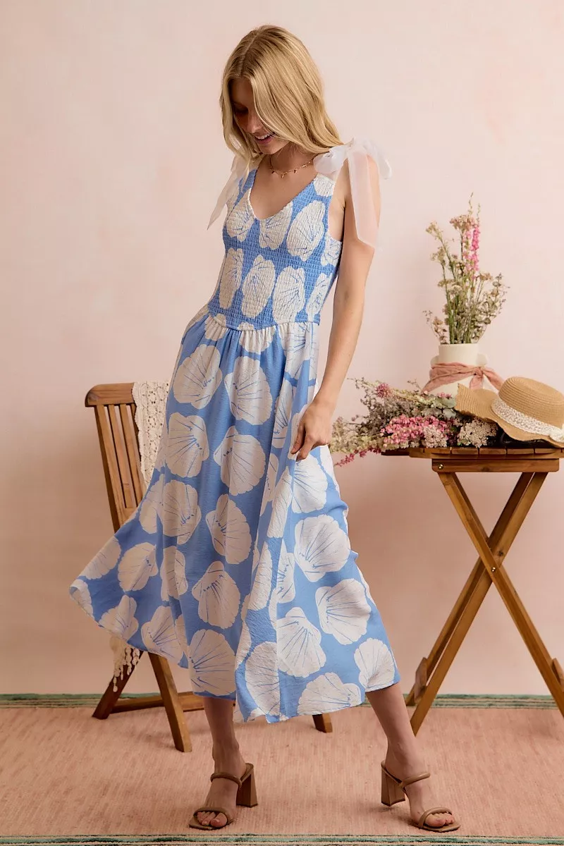 Shell Smocked Bodice Shoulder Tie Lined Midi Dress, image 14
