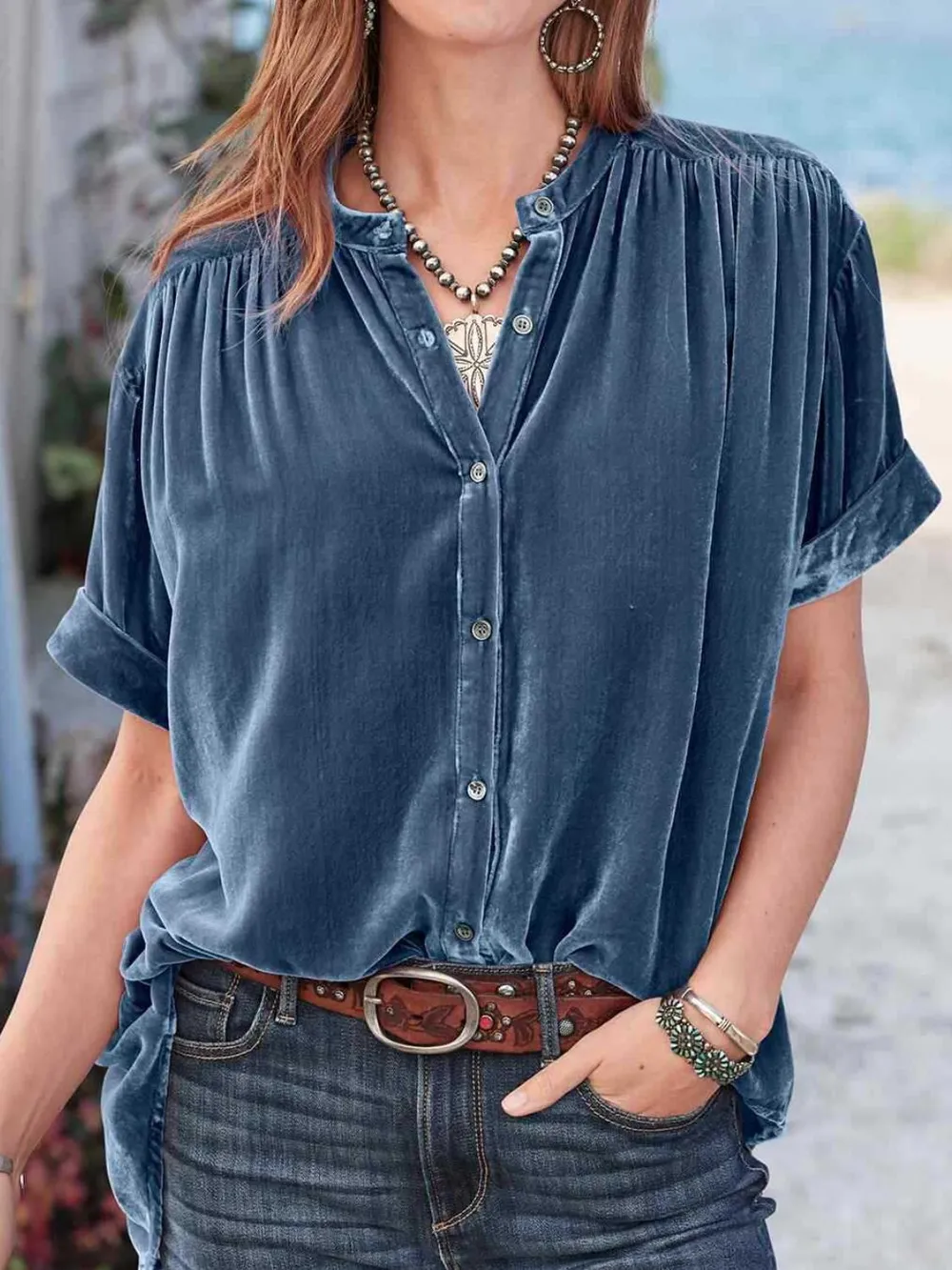 Ruched Round Neck Short Sleeve Shirt, image 2