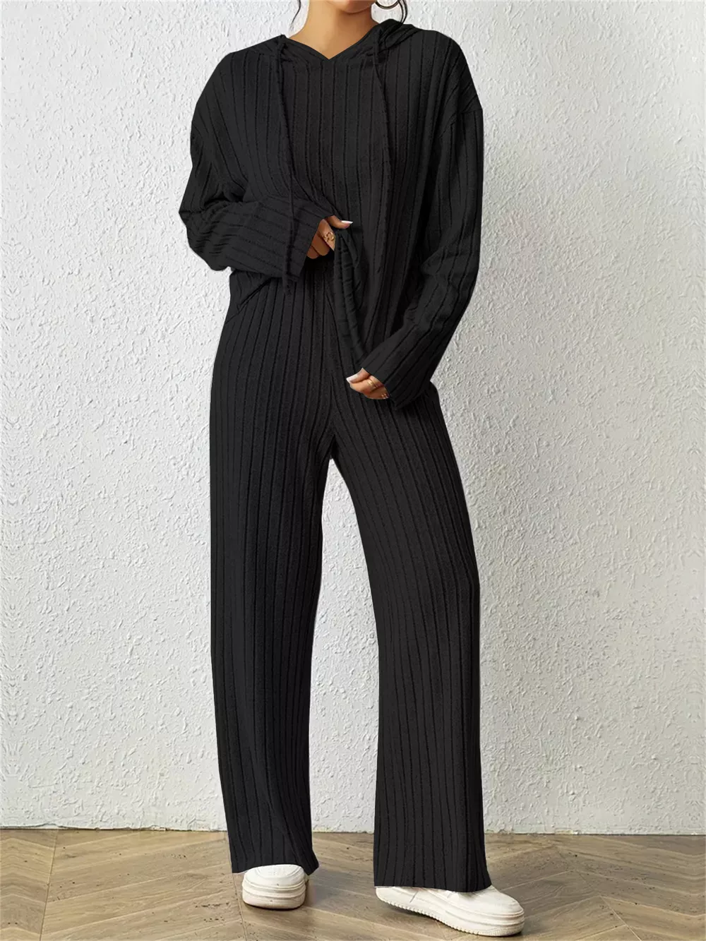 Ribbed Drawstring Hoodie and Pants Set