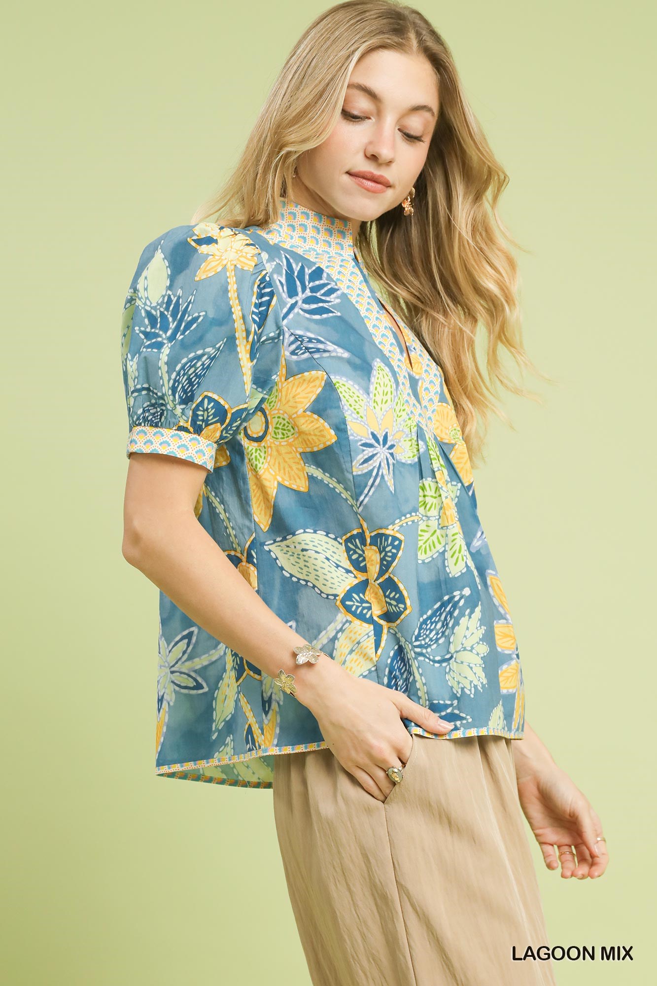 Mixed Abstract Print Puff Sleeve Blouse, image 3