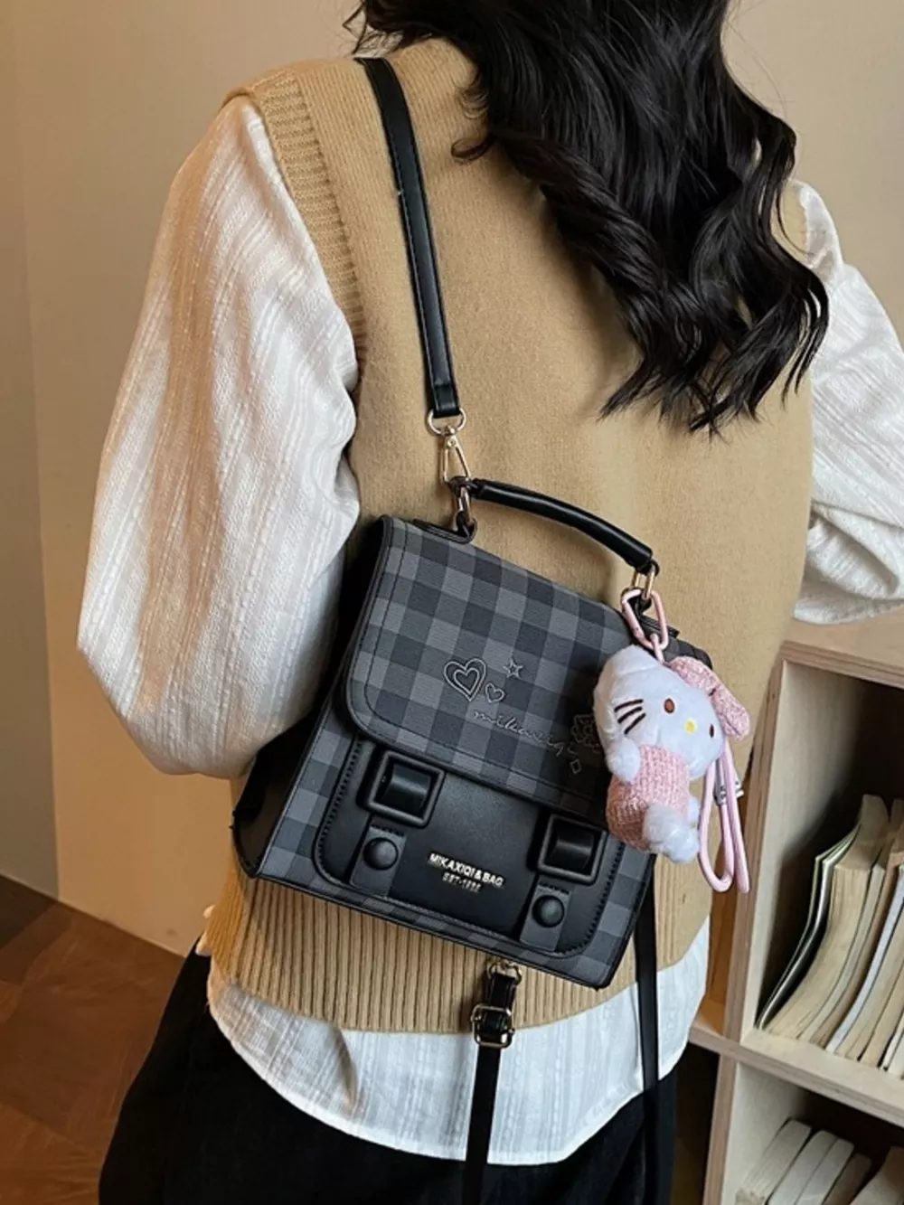 Plaid Pattern Embroidered Flap Backpack Bag, image 5
