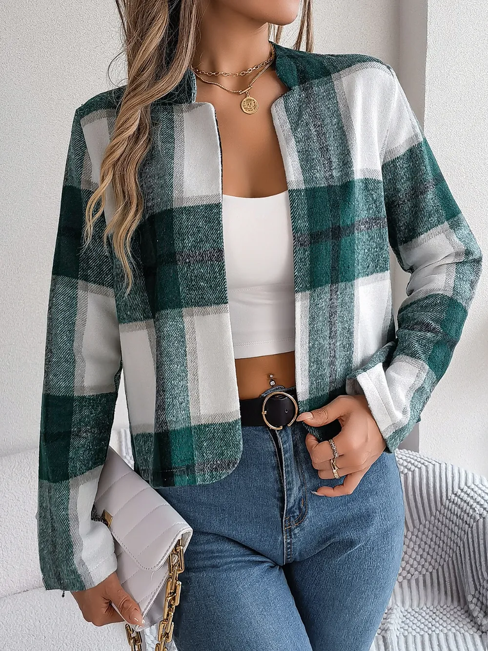 Plaid Open Front Long Sleeve Jacket, image 21