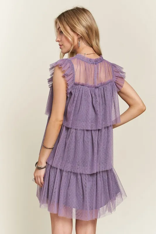 Layered Ruffled Cap Sleeve Mesh Dress, image 3
