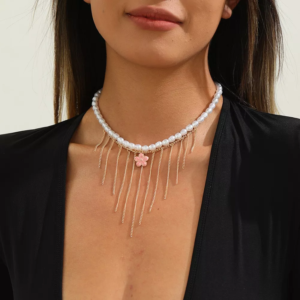 Elegant Pearl Choker Necklace with Flower Charm and Tassel Dangles, image 4